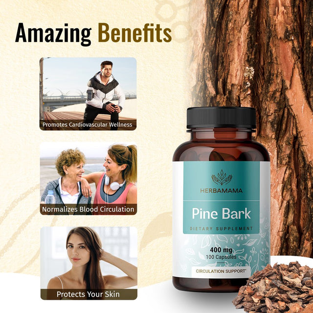 HERBAMAMA Pine Bark 100 Caps - French Maritime Pine Bark Extract for Heart Health & Blood Pressure Support