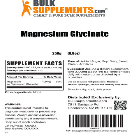 Bulksupplements.Com Magnesium Glycinate Powder, 2200Mg - Magnesium Supplement (250G - 113 Servings)