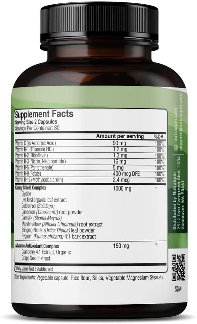 Kidney Shield Supplement by Nutraspin - Powerful Kidney Cleanse, Detox & Repair Formula with Dandelion Root, Uva Ursi Extract, Organic Cranberry, Herbs, and Vitamins - 60 Capsules