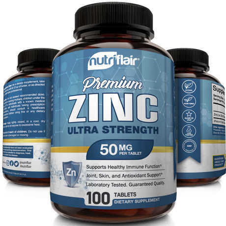 Nutriflair Zinc Supplement Natural Immune Booster Energy and Focus Support 100 Tablets