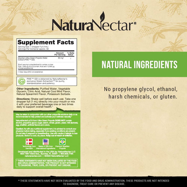 Naturanectar P-Ca from Liquid Green Bee Propolis, Drops - Nootropic Brain Supplement - Focus, Memory & Immune Support- Ultra Pure Flavonoids, Premium Brazilian Green Propolis, Caffeine Free, 60 Ml.