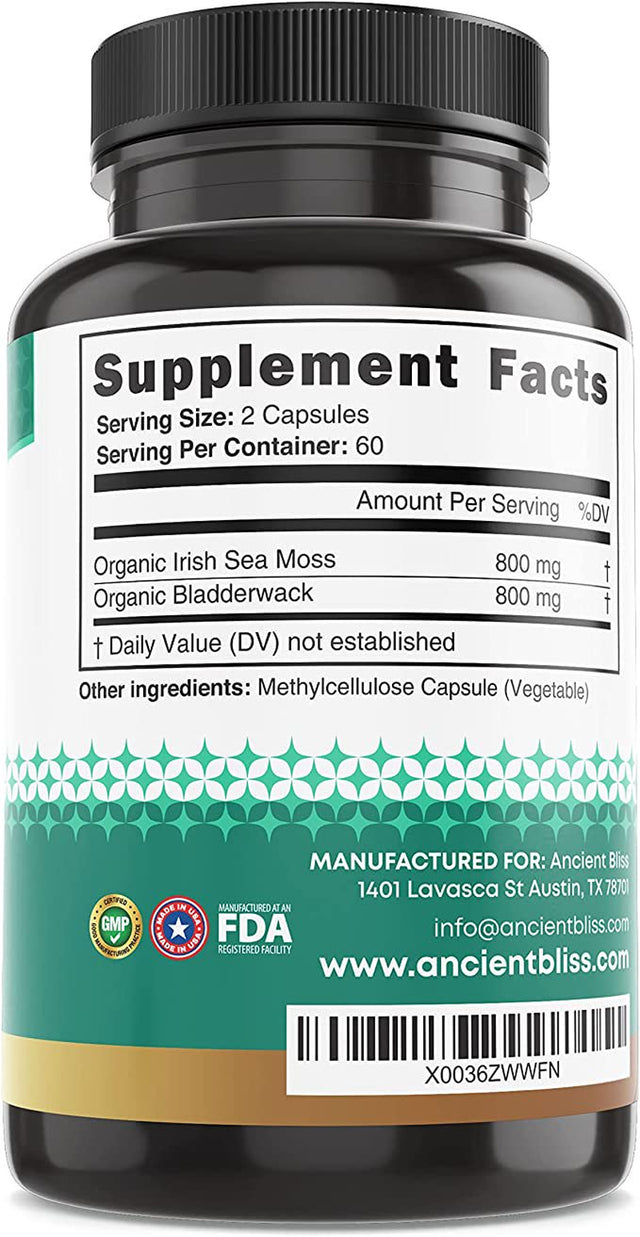 Ancient Bliss Organic Irish Sea Moss Pills, Rich in 102 Minerals -Dr. Sebi Wildcrafted Sea Moss Capsules Thyroid, Healthy Skin & Joint Support, 120 Capsules