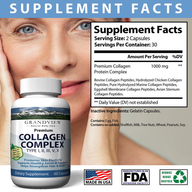 Collagen Complex - - Supports Joint Health. Promotes Skin Elasticity. Strengthens Nails. Natural Supplement. Helps Prevent Damaged Hair.. 60 Caps Grandview