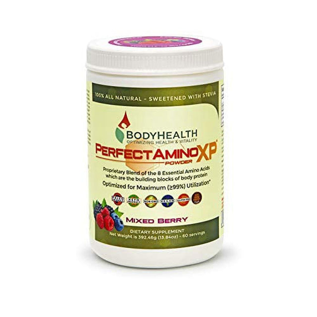 Bodyhealth Perfectamino XP Mixed Berry (60 Servings) Best Pre/Post Workout Recovery Drink, 8 Essential Amino Acids Energy Supplement with 50% Bcaas, 100% Organic, 99% Utilization for Maximum Power