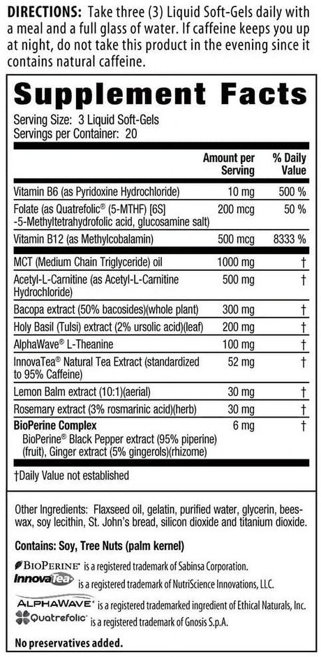 Irwin Naturals Brain Awake, Focus, Energy Booster Supplement with MCT Oil - 60 Liquid Soft-Gels (2 Pack 120 Total) Bundle with a Lumintrail Pill Case