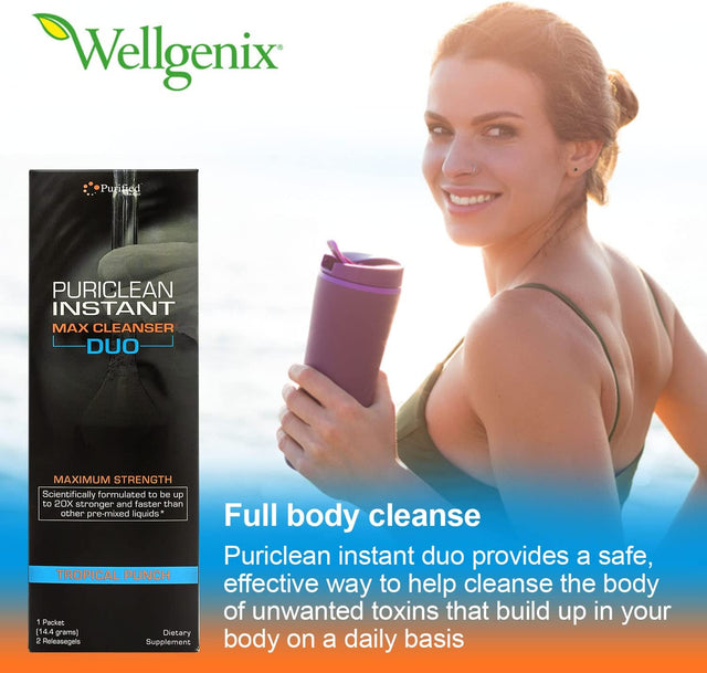 Wellgenix Puriclean Instant Max Cleanser Duo, 20X Stronger Fast Acting Powder & Softgels, Tropical Punch Flavor, Premium Herbal Cleanse Detox, Ideal for Extreme Toxin Levels, 1 Packet & 2 Releasegels