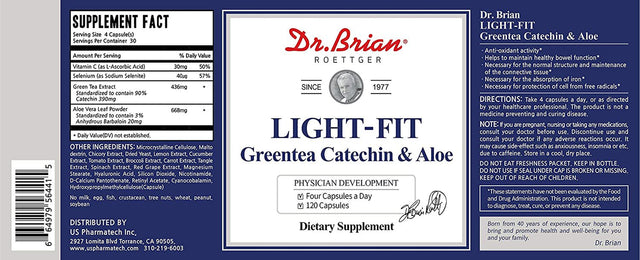 Dr.Brian ROETTGER Light-Fit Greentea Catechin & Aloe,120 Capsules, Vitamin C, Green Tea Extract, Aloe Vera Leaf Powder, Supplement Anti-Oxidant and Bowel Function, No Milk, Fish, Crustacean, Soybean…