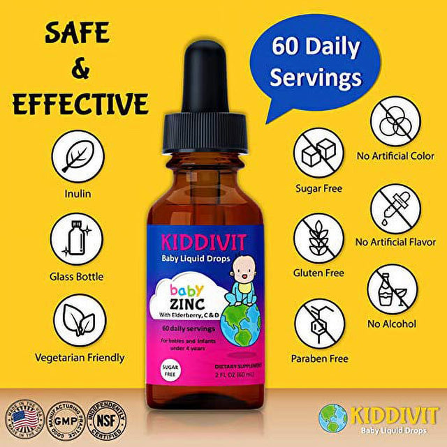 Kiddivit Baby Zinc Liquid Drops with Elderberry, Vitamin D3 & C - 60 Daily Servings, 2 Fl Oz (60 Ml) - Inulin Fortified (Prebiotic, Dietary Fiber) - Sugar Free, Gluten Free, Vegetarian Friendly