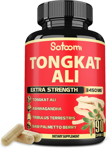 Satoomi Natural Tongkat Ali Root Extract 200:1 - 9 Essential Herbs Equivalent to 3450Mg - Support Strength, Energy and Healthy Immune - 1 Pack 90 Vegan Caps 3 Month Supply