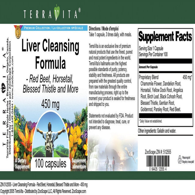 Terravita Liver Cleansing Formula - Red Beet, Horsetail, Blessed Thistle and More - 450 Mg, (100 Capsules, 1-Pack, Zin: 512555)