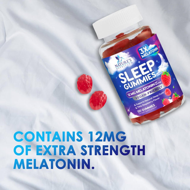 Sleep Melatonin Gummies, Extra Strength Natural Melatonin Gummy 12Mg, Nature'S Berry Flavor, Sleep Support Vitamin Supplement for Adults, Non-Gmo, Vegan - 120 Sleep Gummies, 60 Day Supply