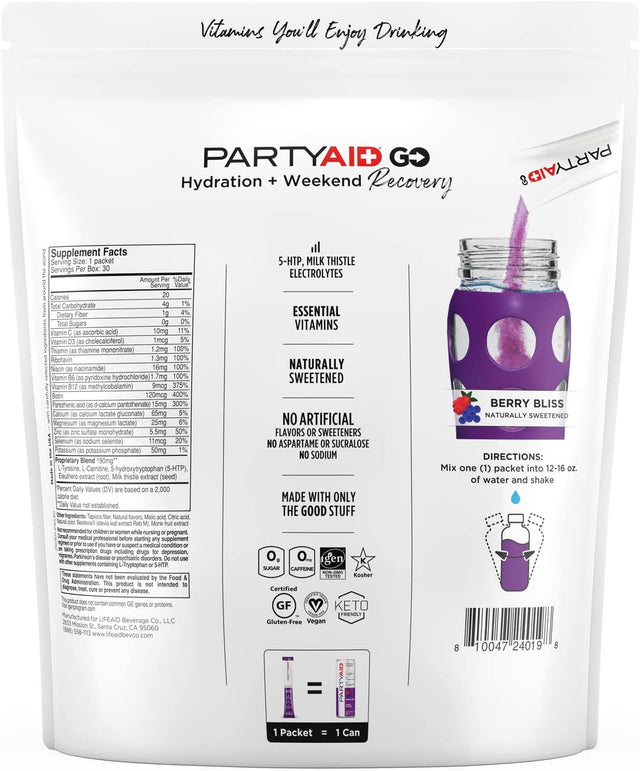 PARTYAID GO Feel Good Tonight and Tomorrow, Zero Sugar, 5-HTP, B-Complex, Milk Thistle, Electrolytes, No Artificial Flavors or Sweeteners, Caffeine-Free, 30 Count (Pack of 1)