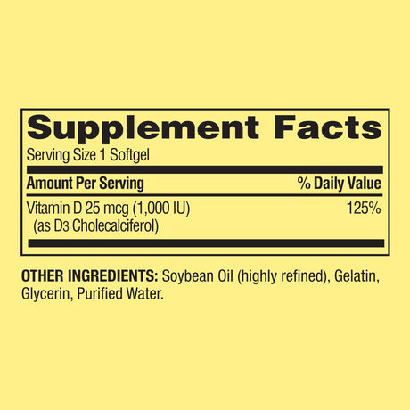 Spring Valley Vitamin D3 Supplement Softgels, 25 Mcg (1,000 IU), 450 Count