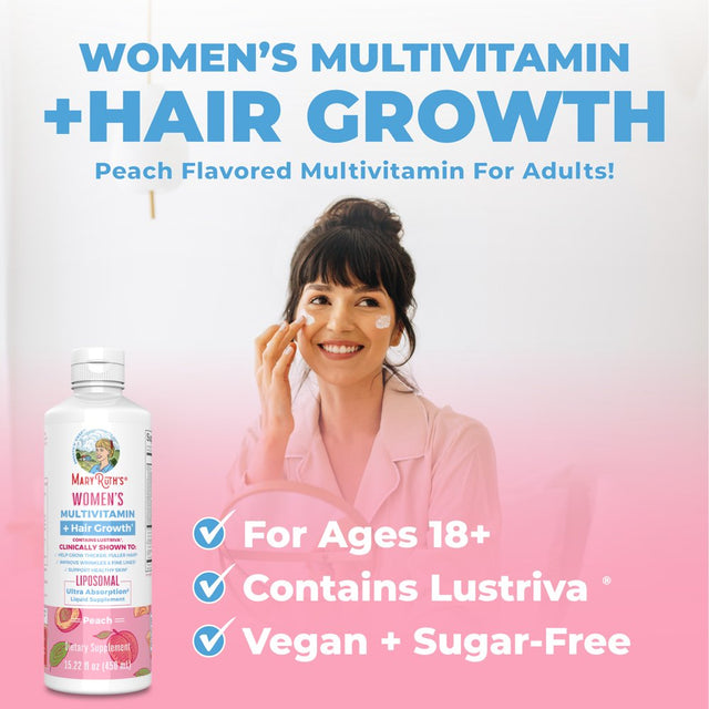 Maryruth Organics | Women'S Multivitamin Liposomal + Lustriva | Hair Growth, Healthy Skin | Vegan, Sugar Free | Peach Flavor | 15.22 Fl Oz