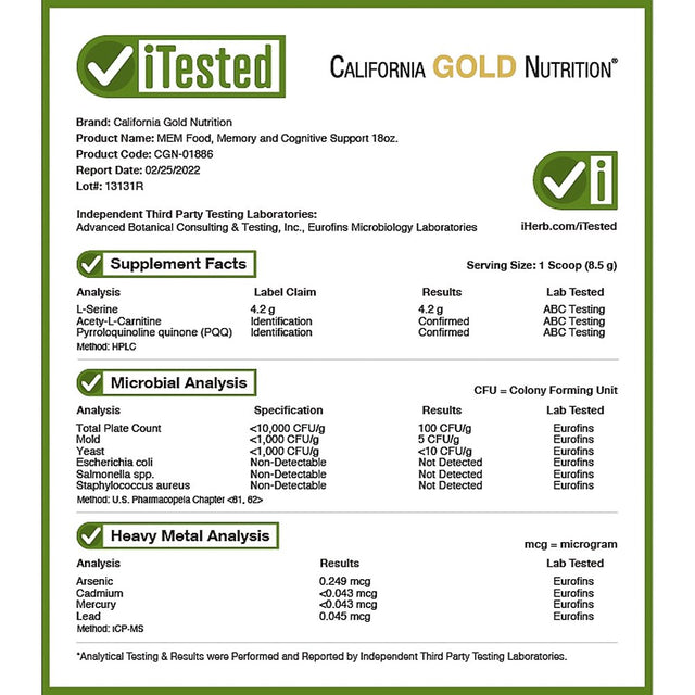 California Gold Nutrition MEM Food, Memory & Cognitive Support, 1.12 Lb (510 G)