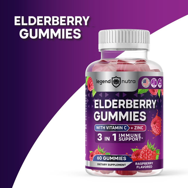 Elderberry Gummies with Vitamin C and Zinc, 3 in 1 Immune Support, 60 Count Sambucus Elderberry Gummies Raspberry Flavored, Dietary Supplement