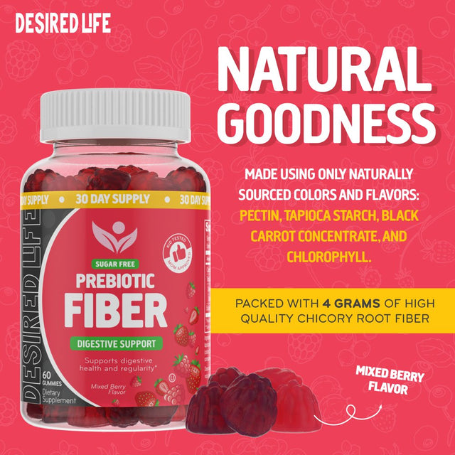 Desired Life Sugar Free Prebiotic Fiber Gummies for Adults and Kids Mixed Berry Flavor Plant Fiber Supplement for Women and Men, Daily Fiber for Digestive Health and Regularity 60 Count (Pack of 1)