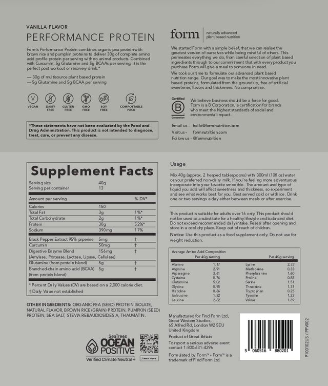 Form Performance Protein - Vegan Protein Powder - 30G of Plant Based Protein per Serving, with Bcaas and Digestive Enzymes. Perfect Post Workout. Tastes Great with Just Water! (Vanilla)