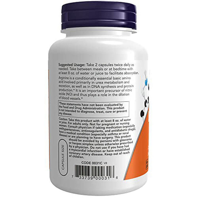 NOW Supplements, L-Arginine 500 Mg, Nitric Oxide Precursor*, Amino Acid, 250 Veg Capsules