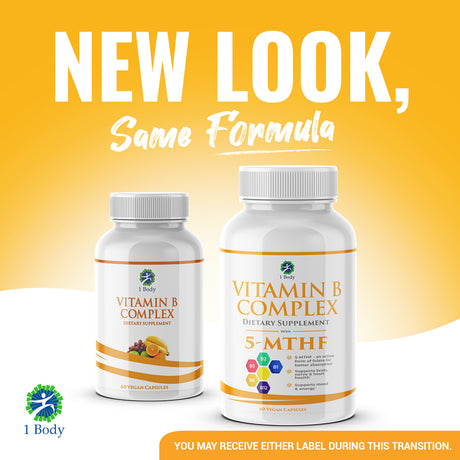 1 Body Vitamin B Complex Supplement 5-MTHF Folate with B1, B2, B5, B6, Methyl B12, Niacin, Biotin