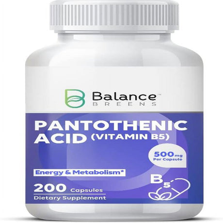 Balancebreens Pantothenic Acid 500 Mg - Vitamin B5 Supplement - 200 Capsules - Promotes Increased Energy Levels & Metabolism - Healthy Skin, Hair, and Eyes