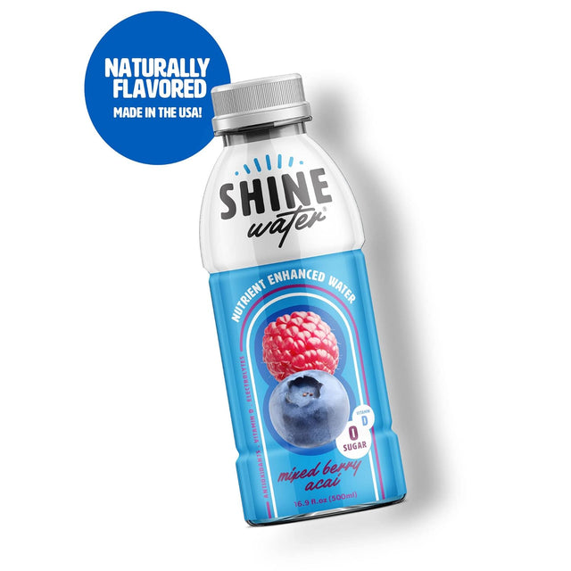 Shinewater Mixed Berry Acai - Pack of 12 (16.9 Fl Oz Each) - Naturally Flavored Electrolyte Water with Vitamin D, Powerful Hydration and Plant-Based Antioxidants, Zero Sugar, Low Calorie!