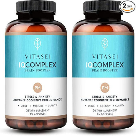 VITASEI IQ Complex PM Brain Booster Supplement,Nootropics Brain Support Supplement W/Chamomile, Vitamin B6 & Ashwagandha, Enhance Focus, Boost Concentration & Enhance Mental Clarity-60 Capsules (2Pck)