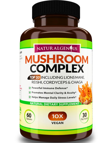 Natural Genius Top 10 Mushroom Complex - White Button, Chaga - Nootropic, Focus, Immune Supplement