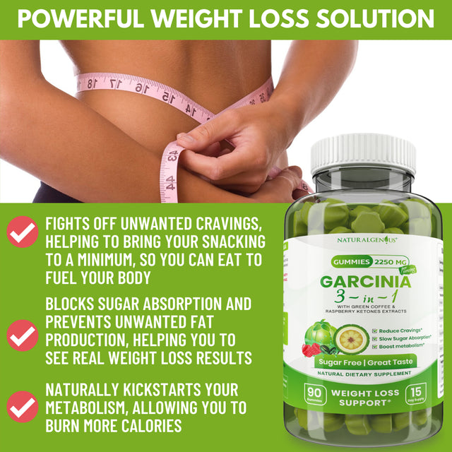 Natural Genius Garcinia Cambogia Gummies, Appetite Suppressant with Green Coffee, Raspberry Ketones for Weight Loss 90 Ct