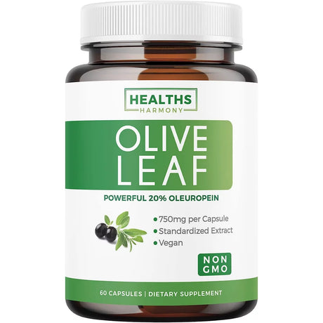 Healths Harmony Olive Leaf Extract Supplement (NON-GMO): 20% Oleuropein - 750Mg - Vegetarian - Immune Support, Cardiovascular Health & Antioxidant Supplement - No Oil - 60 Capsules