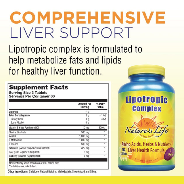 Nature'S Life Lipotropic Complex | Comprehensive Support for Healthy Liver Function | with Choline & Inositol | Non-Gmo | 180 Vegetarian Tablets