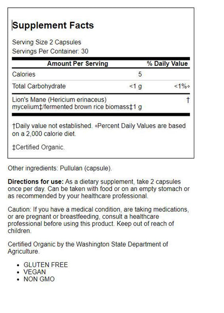 Lion'S Mane - Memory Nerve Support with Organic Mushrooms (60 Vegetarian Capsules)