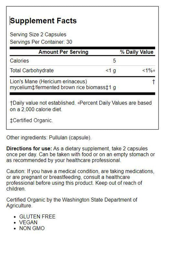 Lion'S Mane - Memory Nerve Support with Organic Mushrooms (60 Vegetarian Capsules)