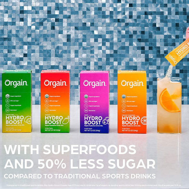 Orgain Organic Hydration Packets, Electrolytes Powder - Lemon Lime Hydro Boost with Superfoods, Gluten-Free, Soy Free, Vegan, Non GMO, Less Sugar than Sports Drinks, Travel Packets, 8 Count