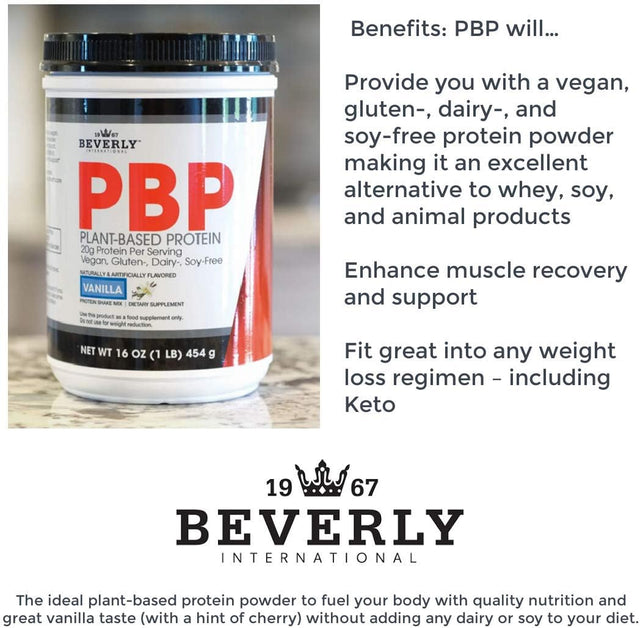 Beverly International PBP, Plant Based Protein. Vegan, Gluten, Dairy, Soy-Free. Great Vanilla Taste, Smooth, Easy to Digest, 21G Protein per Serving, (15 Servings) 1Lb. Complete Amino Acid Profile.