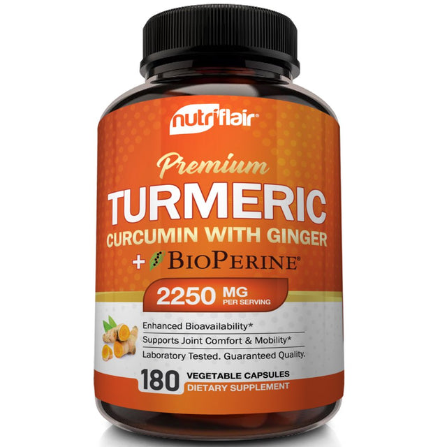 Turmeric Curcumin with Ginger and Bioperine Black Pepper Antioxidant Supplement, 180 Capsules - 100% Natural, Non-Gmo, Vegan Best Maximum Potency