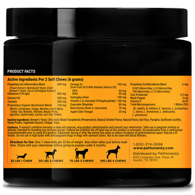 Pet Honesty Dog, Max Strength Allergy Support Supplement W Probioitcs Omegas and Zinc, Chicken Flavor, 90 Count Soft Chews