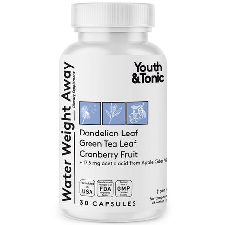 Youth & Tonic Water Weight Away Pills for Bloating, Herbal Diuretic Detox Supplement with Dandelion Leaf