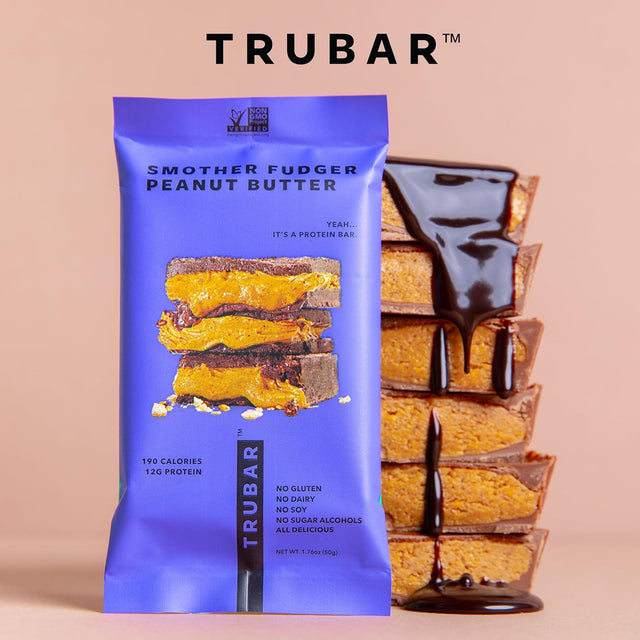 TRUBAR Vegan Protein Bars - Soy Free, Dairy Free, Gluten Free Protein Bars - No Sugar Alcohols - Non-Gmo - 12G of Protein - Smother Fudger Peanut Butter - 12 Count