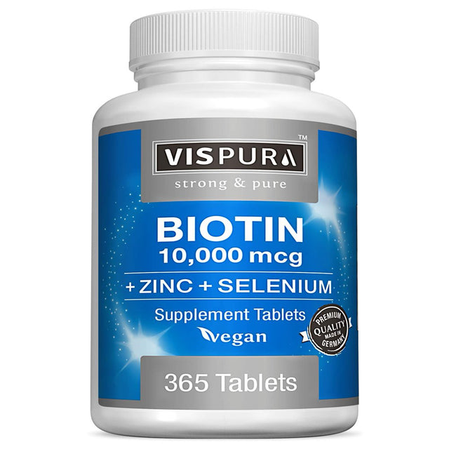 Biotin 10000 Mcg + Zinc + Selenium, Pure, Vegan & Extra Strong, Best Supplement for Hair Growth, Glowing Skin, Strong Nails*, 365 Tablets for 12 Months, Natural without Additives