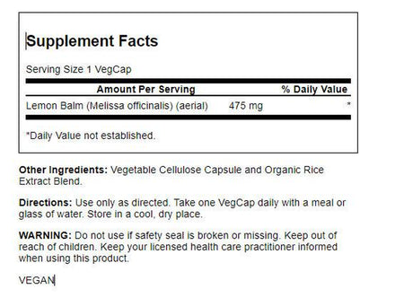 Solaray Lemon Balm Aerial 475Mg | Healthy Mental Calm & Relaxation and Rest Support | Whole Aerial for Full Nutrient Profile | Non-Gmo, Vegan | 100 CT