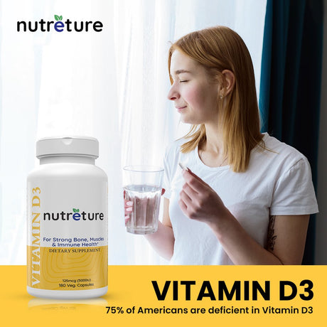 NUTRETURE Vitamin D3 5000 Iu 180 Capsules for Healthy Bones, Teeth, Heart and Immune Support | D3 Vitamin D 5000 Iu Supplements | Vitamina D Supplement | VIT D3 for Men and Women