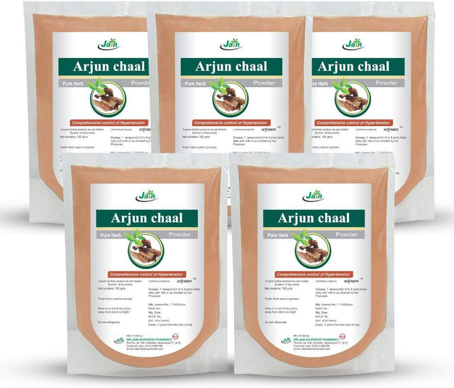 Jain'S Pure Arjun Chaal (Temrinalia Arjuna) Powder 100 Gram (Pack of 5) - Indian Ayurveda'S Pure Natural Herbal Supplement Powder