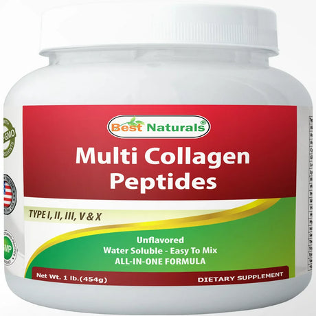 Best Naturals Multiple Collagen Peptides Protein Type I, II III, V & X Collagen Unflavored 1 Pound - Grass Fed & Pasture Raised - Water Soluble - Easy to Mix