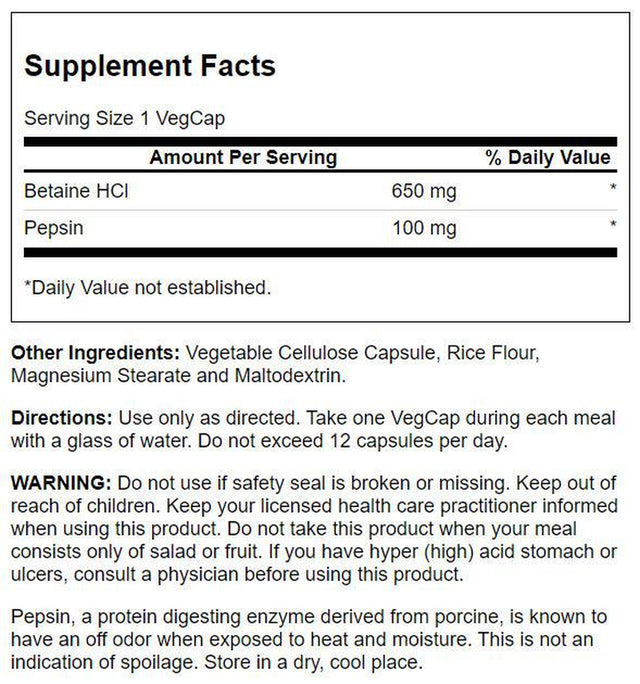 Solaray High Potency Betaine HCL with Pepsin 650 Mg | Hydrochloric Acid Formula for Healthy Digestion Support | Lab Verified | 100 Vegcaps