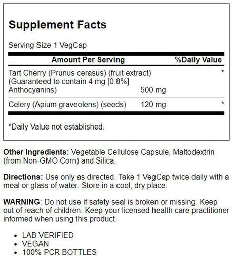 Solaray Tart Cherry & Celery Seed | Healthy Uric Acid Levels, Joint, Muscle Recovery & Sleep Support | 60 Vegcaps