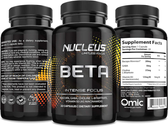 Nucleus Beta | Supplement for Optimal Function, Memory and Focus with Bacopa Monnieri, GABA, Choline L-Bitartrate & Vitamin B3 (As Niacinamide)