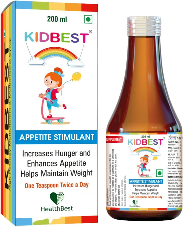 Kidbest Appetite Stimulant Syrup for 3-13 Yrs Kids | Increase Hunger | Helps Maintain Weight | Gluten Free | L-Lysine Hci,Vitamins B1,B2,B6,B12 | 200 Ml