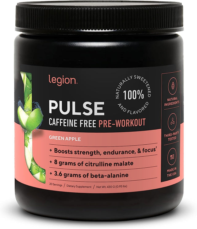 LEGION Pulse Pre Workout Supplement - All Natural Nitric Oxide Preworkout Drink to Boost Energy, Creatine Free, Naturally Sweetened, Beta Alanine, Citrulline, Alpha GPC (Caffeine Free Green Apple)