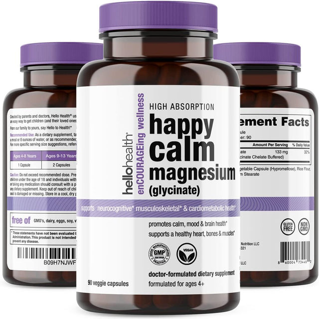 Hello Health Magnesium Glycinate 400Mg – Pure Magnesium Bisglycinate- Natural Calm, Sleep Support, Stress Relief, Heart, Muscle Recovery & Joint Support - 90 Caps